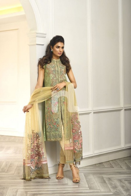 Nishat Linen 41908005-Poly Net Green Embroidered Luxury Unstitched 3PC