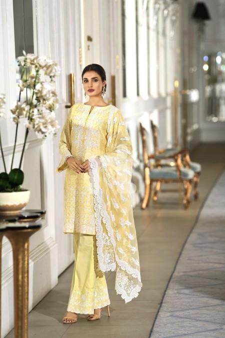 Nishat Linen 41908012-Poly Net Yellow Digital Printed Embroidered Luxury Unstitched - 3PC