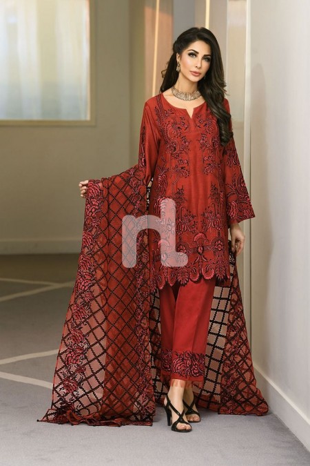 Nishat Linen 41908019-Jacquard Red Embroidered Luxury Unstitched 3PC