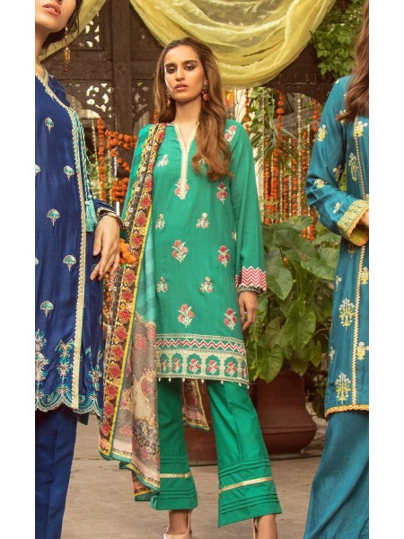 Zellbury Luxury Collection Shirt Shalwar Dupatta - Java Green - Jacquard Suit ZWULCE319546