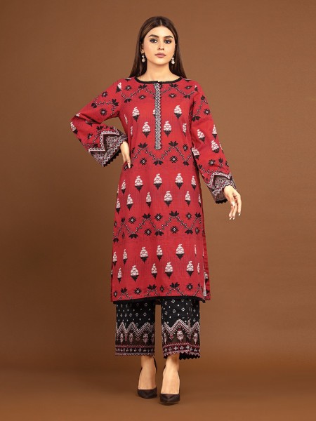 Edenrobe Women Winter Premium - EWU22V11-25032 Unstitched Red Embroidered Khaddar 2 Piece