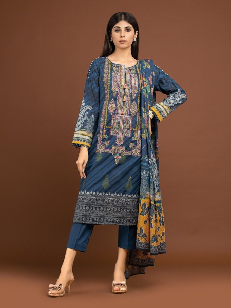 Edenrobe Women Allure Khaddar - EWU22V13-24032 Teal Blue Embroidered Viscose 3 Piece