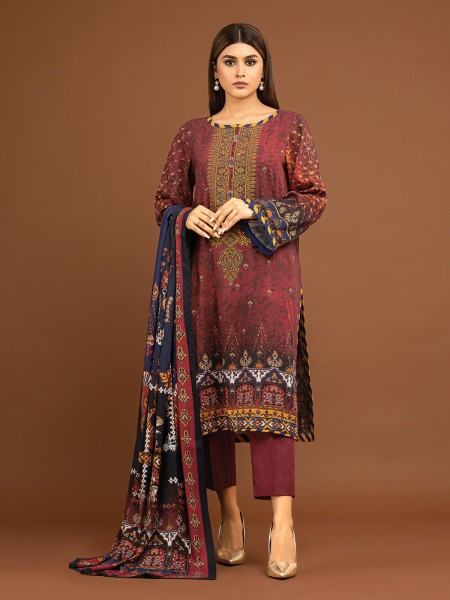 Edenrobe Women Allure Khaddar - EWU22V13-24050 Maroon Embroidered Viscose 3 Piece