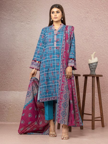 Ace Womens A-WU3PWK22-420 Unstitched Blue And Magenta Printed Khaddar 3 Piece