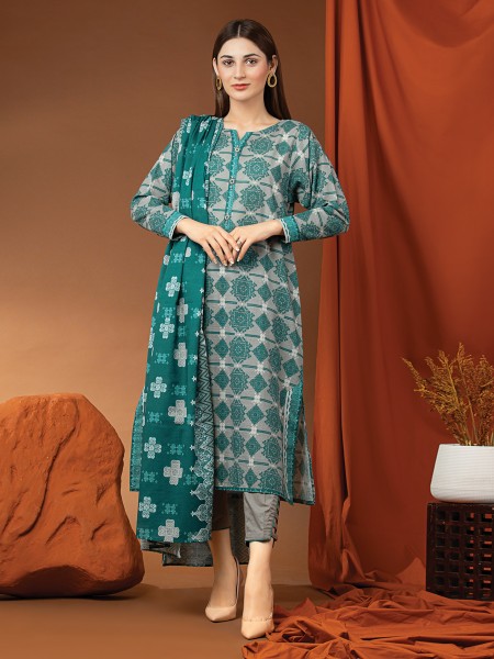 Ace Womens A-WU3PWK22-456 Unstitched Grey And Green Printed Khaddar 3 Piece