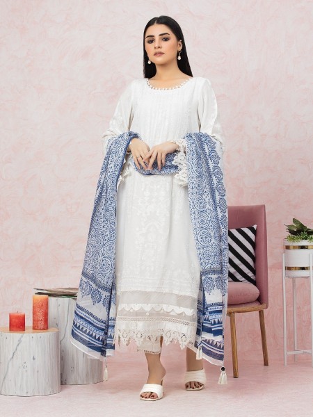 Edenrobe Women Unstitched Summer Premium - EWU23V16-26659 Unstitched White Embroidered Raw Silk 3 Piece