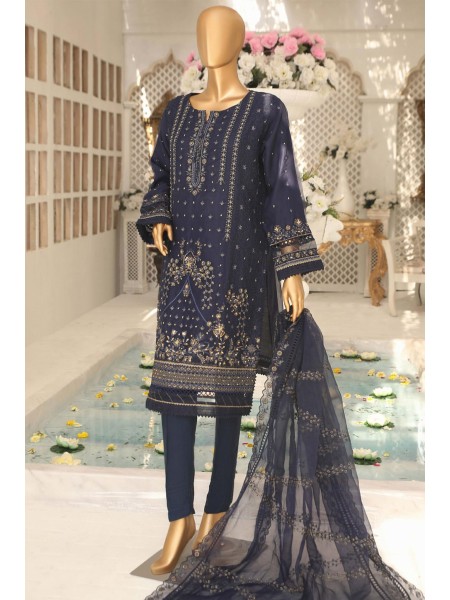 Hz Stitched 3 Piece Embroidered Formal Collection'2023-HZk-102-Navy Blue