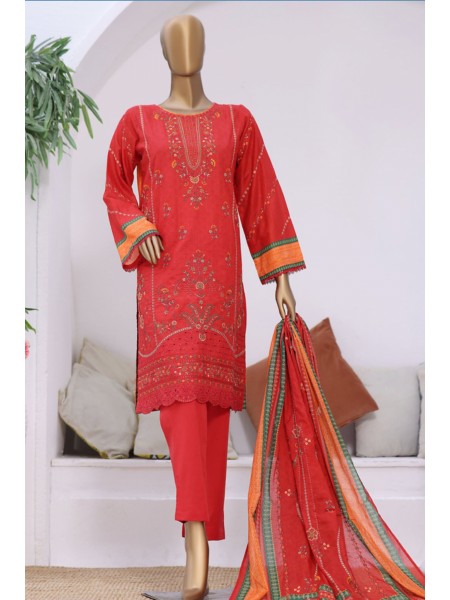 Bin Saeed Stitched 3 Piece Embroidered Lawn Collection'2023-SMLF-075-Red