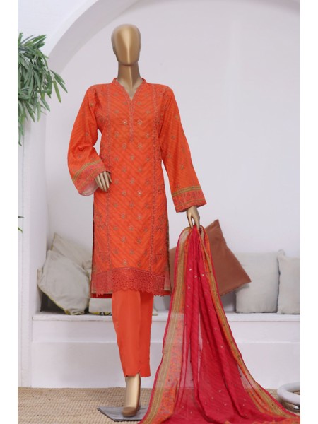 Bin Saeed Stitched 3 Piece Embroidered Lawn Collection'2023-SMLF-64-Orange