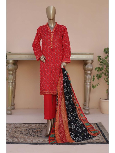 Bin Saeed Stitched 3 Piece Printed Summer Lawn Collection'2023-D-07-Red