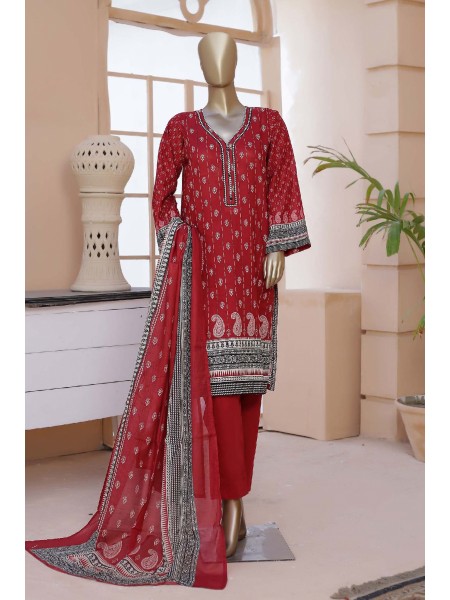 Bin Saeed Stitched 3 Piece Printed Summer Lawn Collection'2023-D-12-Red