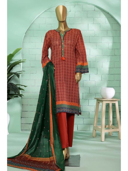 Bin Saeed Stitched 3 Piece Printed Summer Lawn Vol-02 Collection'2023-SMLF-202-Maroon