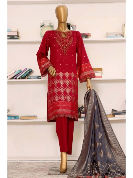 Bin Saeed Stitched 3 Piece Embroidered Jacquard Lawn Collection'2023-BNS-2301-Maroon