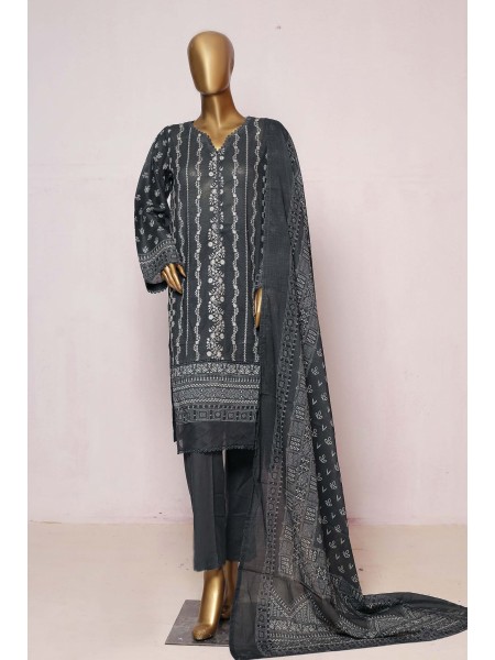 Bin Saeed Stitched 3 Piece Embroidered Lawn Collection'2023-SMLF-215-Grey