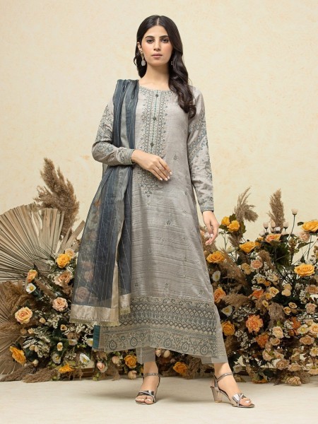 Edenrobe Women's Singhaar collection EWU23V16-26645 Unstitched Grey Embroidered Raw Silk 3 Piece