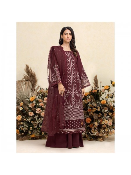 Edenrobe Maroon Embroidered Dobby 3 Piece Unstitched Suit for Women - EWU23V7-26735