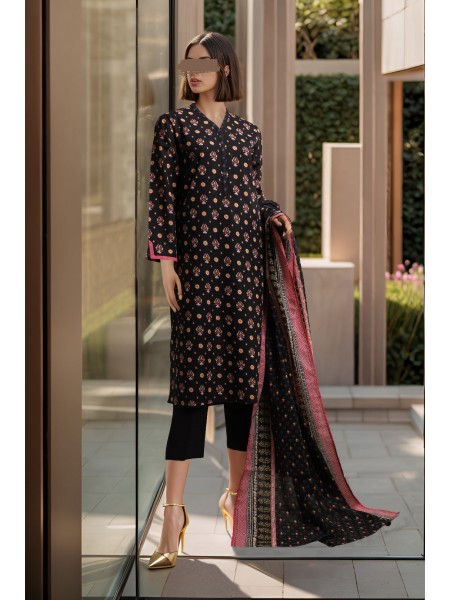 Saya Unsticthed Printed Khaddar 3 Piece For Girls and Woman - Colour: Black - Design code: WUNS-4051