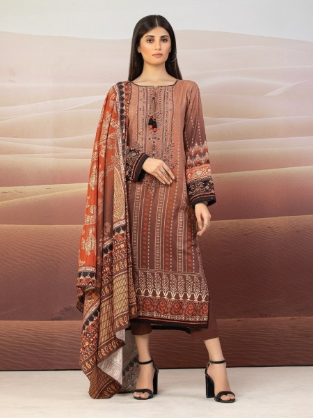 Edenrobe Light Brown Embroidered Viscose 3 Piece Unstitched Suit for Women - EWU22V13-24046
