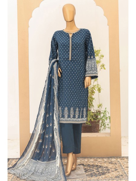 Bin Saeed Stitched 3 Piece Printed Lawn Vol-16 Collection'2024-SM-909-N.Blue