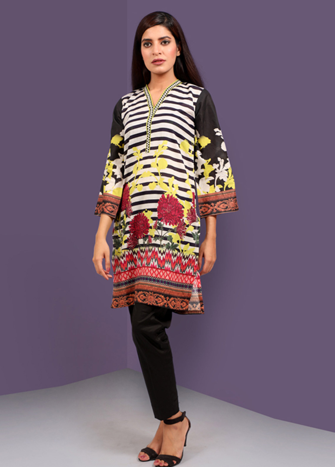 Waniya Printed Stitched Kurtis Pk 042 Black Stripes - Lawncollection.pk