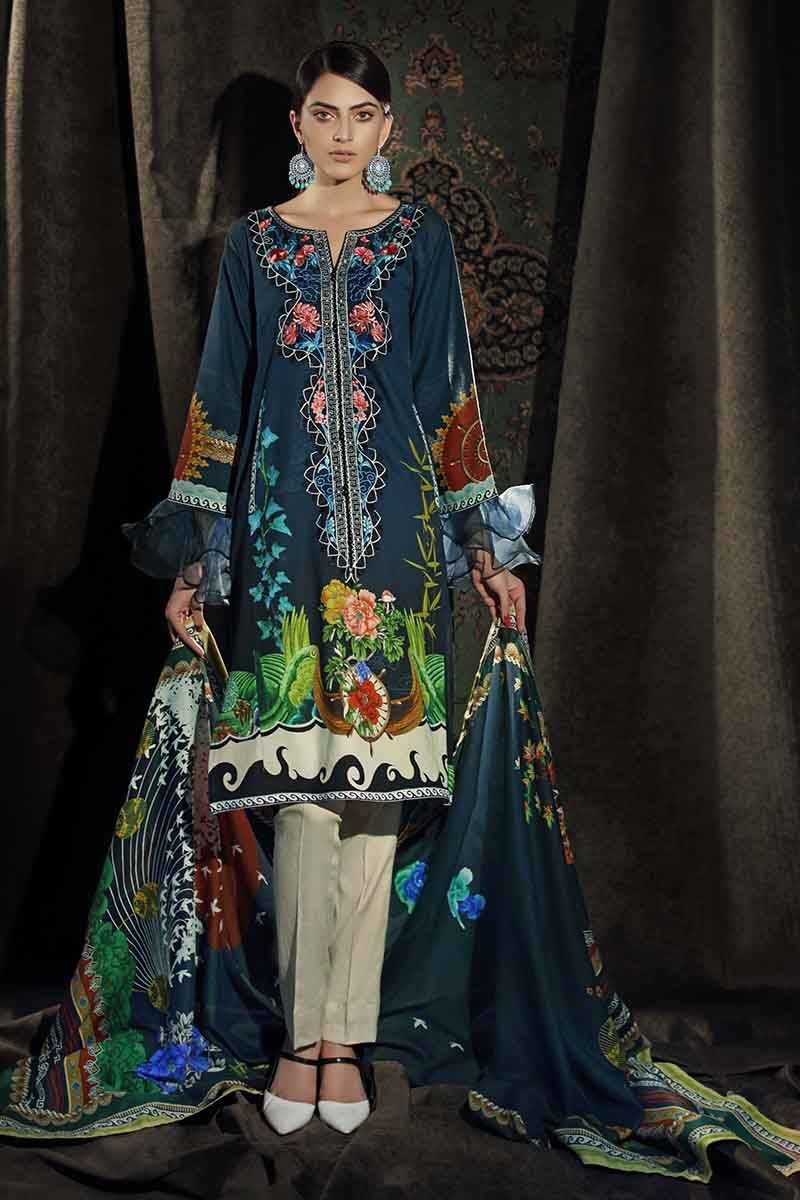 Gul Ahmed Winter Unstitched Collection Dark Blue Cd 34 Lawncollection.pk