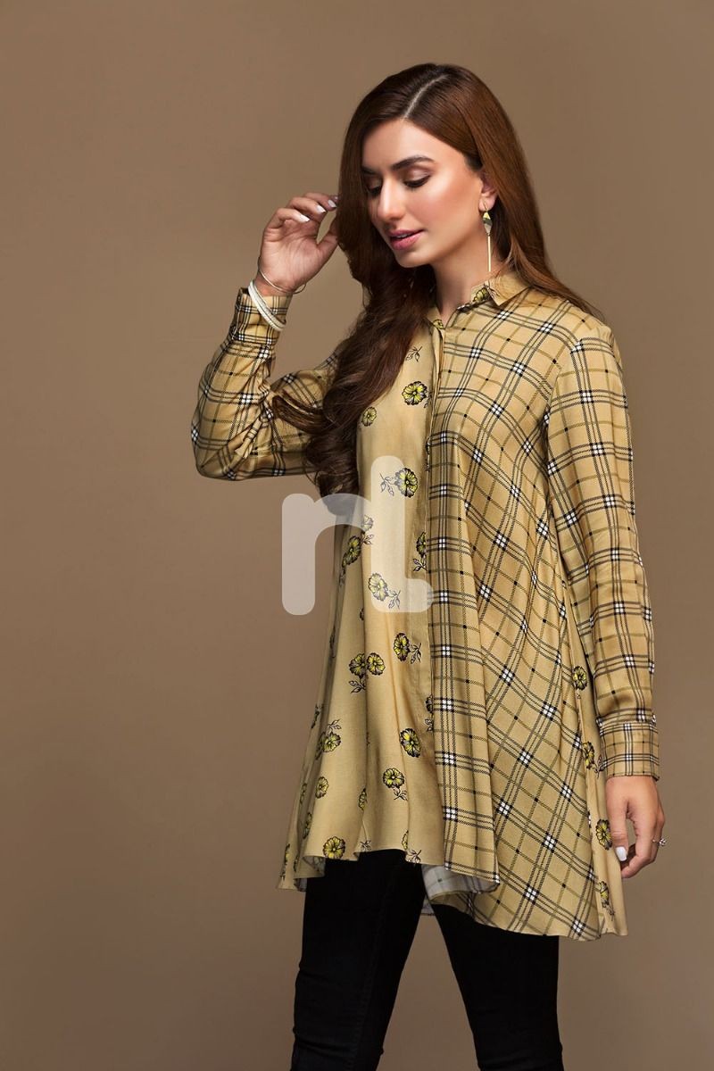 Nishat Linen Pw19 18 Brown Digital Printed Stitched Linen Shirt 1pc ...