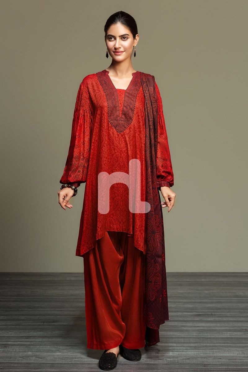 Nishat Linen Winter19 Unstitched 41901078 Linen Red Printed 3pc ...