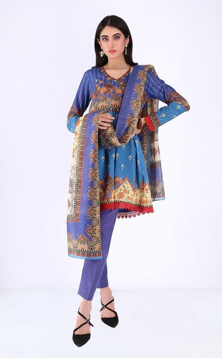 Zellbury Unstitched Spring Collection Shirt Shalwar Dupatta Scampi Blue ...