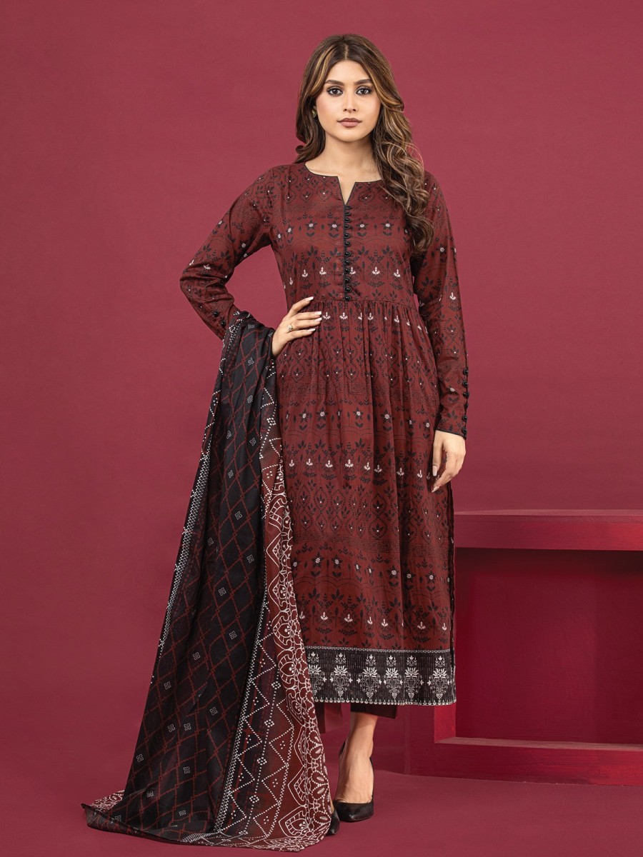 Edenrobe Women Unstitched Allure Khaddar Ewu22a3 24472 Burgundy Printed