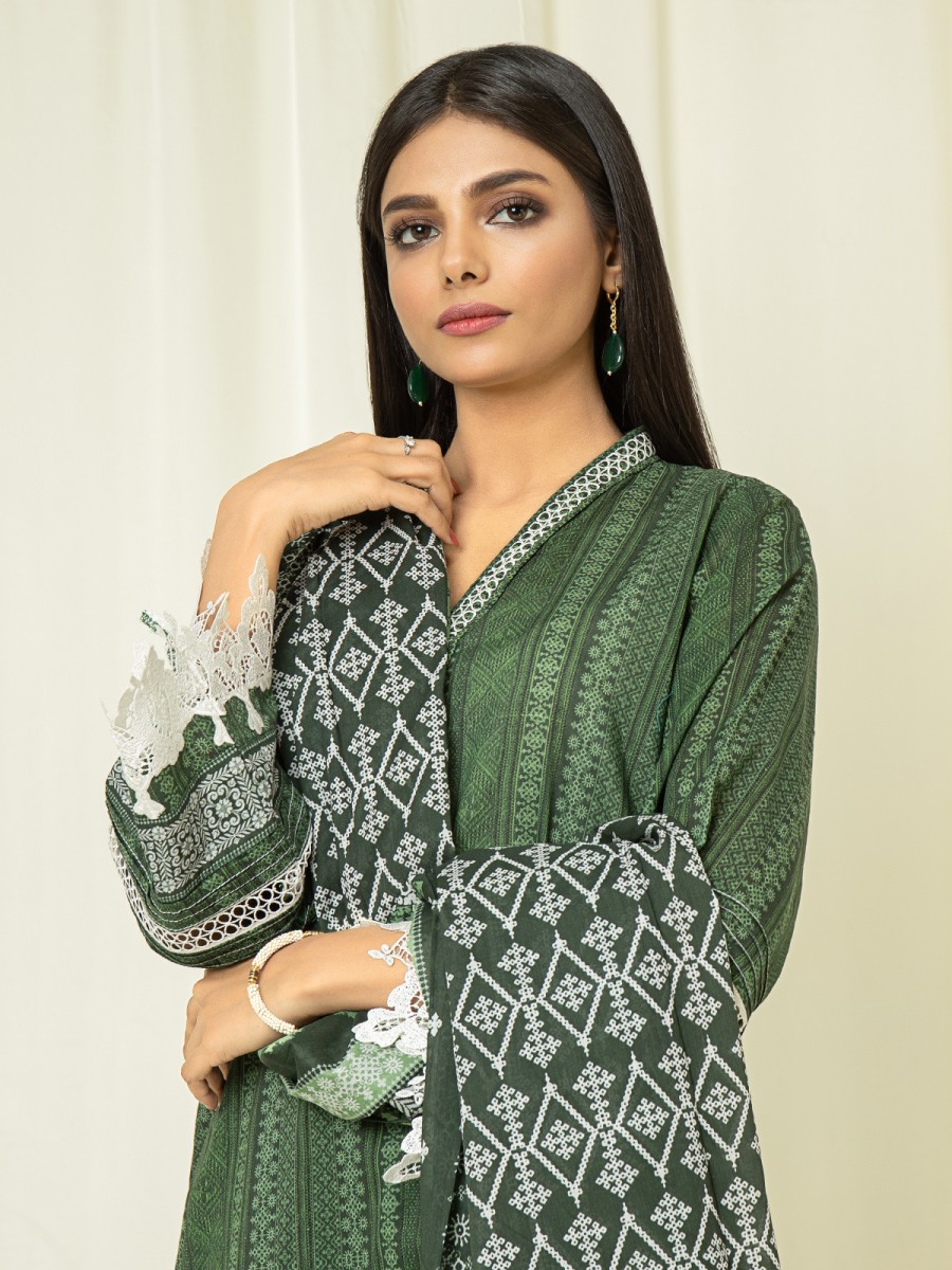 Edenrobe Women Ewu22a3 23381 Unstitched Green Printed Khaddar 3 Piece