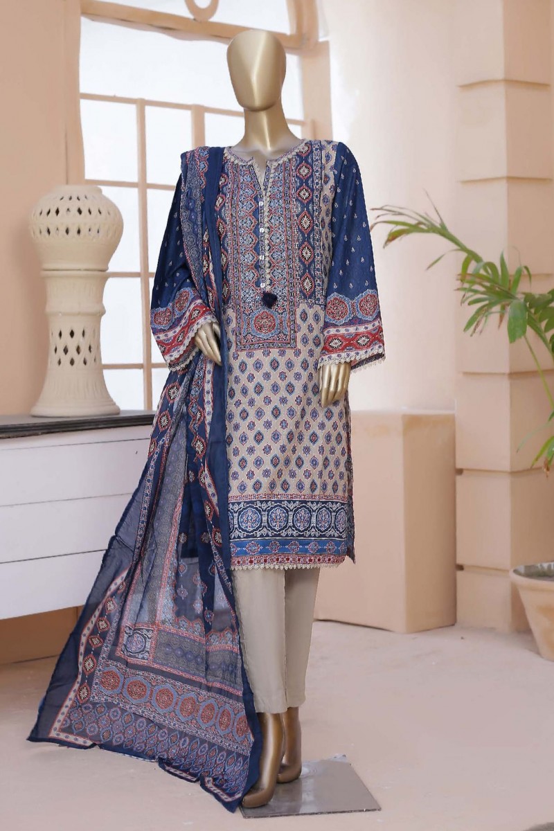 Bin Saeed Stitched 3 Piece Printed Summer Lawn Collection2023 D 14 Blue